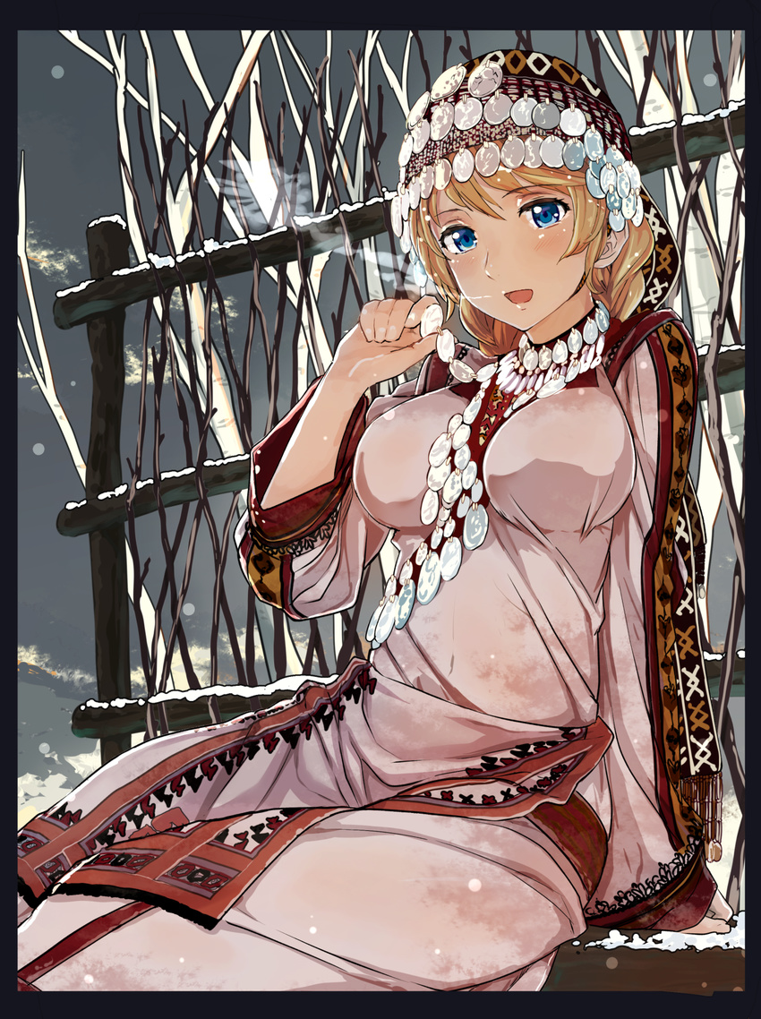:d ayase_eli blonde_hair blue_eyes blush breasts breath cloud cold fence hat highres jewelry large_breasts long_sleeves looking_at_viewer love_live! love_live!_school_idol_project necklace onoguru open_mouth outdoors pearl_necklace russian_clothes sitting smile solo tabard traditional_clothes upper_body