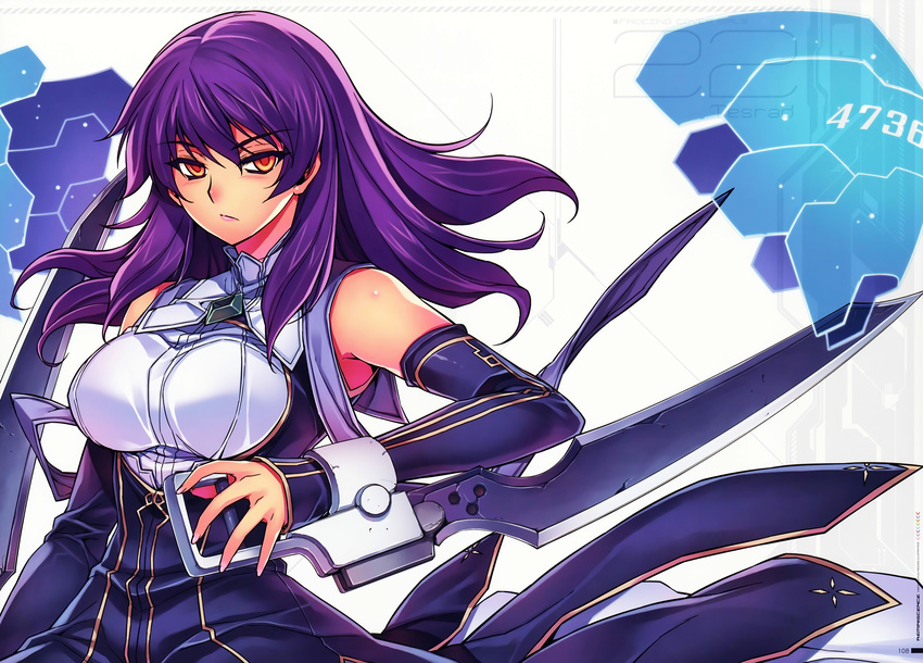 absurdres aoi_teslad bare_shoulders cleavage_cutout dress fingerless_gloves freezing gloves highres huge_filesize kim_kwang_hyun lips long_hair looking_at_viewer official_art orange_eyes parted_lips purple_hair scan sleeveless sleeveless_dress solo sword weapon