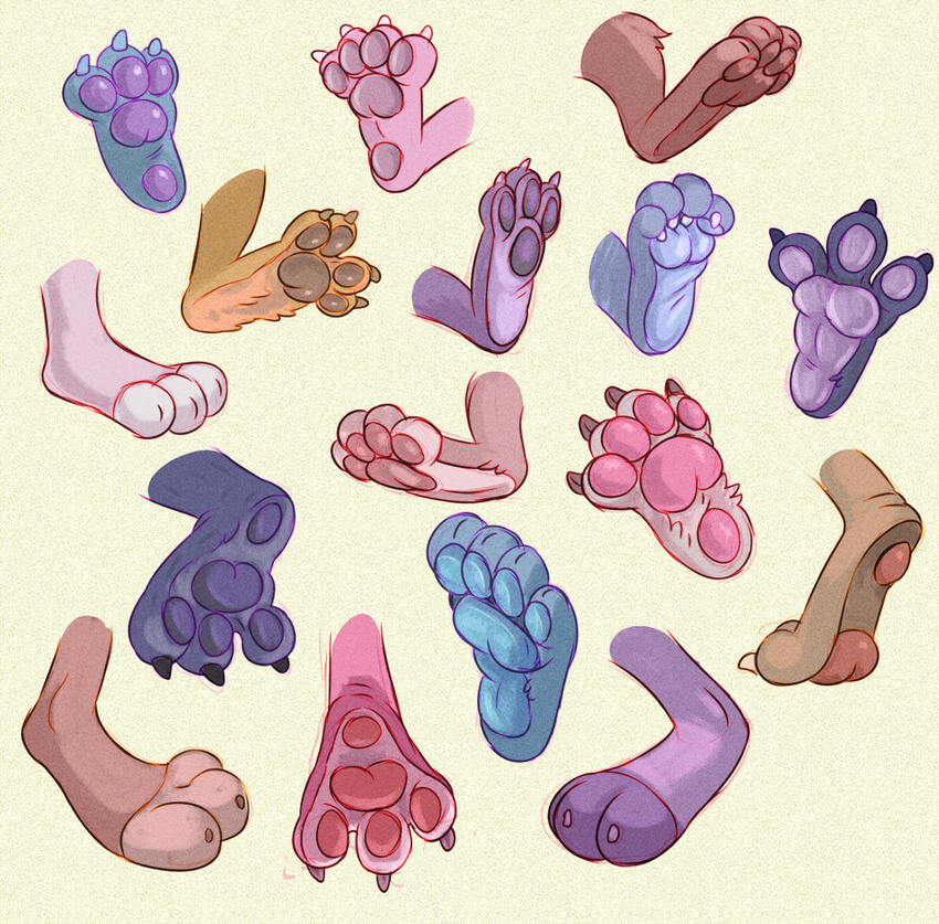 3_toes 4_toes ambiguous_gender blue_fur brown_fur compilation dibs_(artist) digital_media_(artwork) feet foot_focus fur grey_fur pawpads paws pink_fur plain_background purple_fur raised_leg soles toes toony