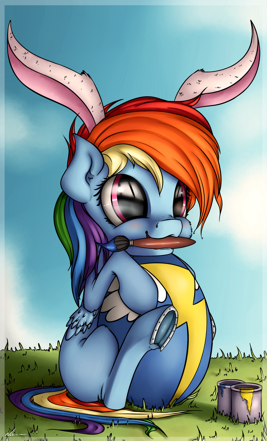 2015 aged_down animal_ears blue_fur bucket cute easter easter_egg equine female feral friendship_is_magic fur hair hi_res holidays mammal mouth_hold multicolored_hair my_little_pony neko-me paint paintbrush pegasus pink_eyes rabbit_ears rainbow_dash_(mlp) rainbow_hair solo underhoof wings