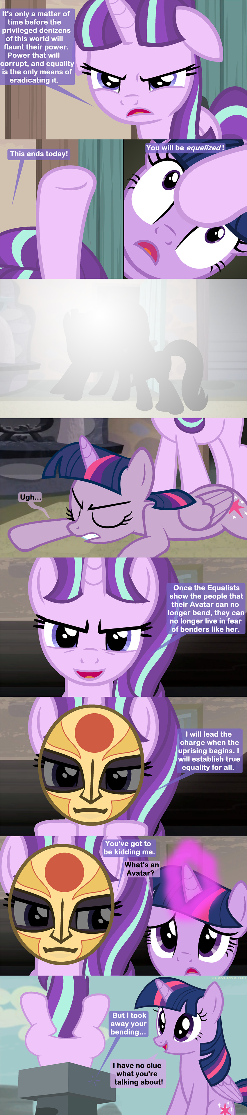 2015 avatar:_the_last_airbender beavernator chimney comic cutie_mark dialogue english_text equine female friendship_is_magic horn mammal mask my_little_pony purple_eyes starlight_glimmer_(mlp) text twilight_sparkle_(mlp) winged_unicorn wings