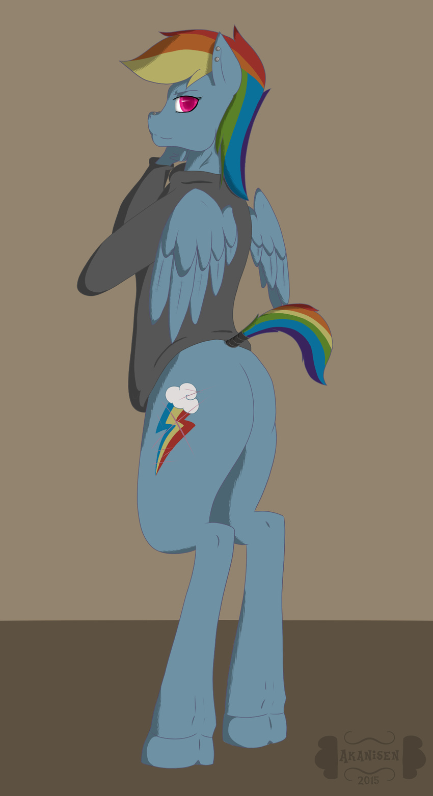 2015 akanisen anthro anthrofied butt clothed clothing cutie_mark equine female friendship_is_magic fur hair half-dressed horse jewelry long_hair looking_at_viewer mammal my_little_pony pegasus piercing pony rainbow_dash_(mlp) scar smile wings