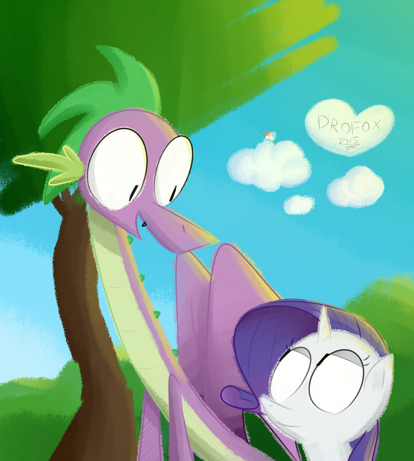 bushes cloud dragon equine female friendship_is_magic horse male mammal my_little_pony perspective pony rainbow_dash_(mlp) rarity_(mlp) smile teeth tree walking wings