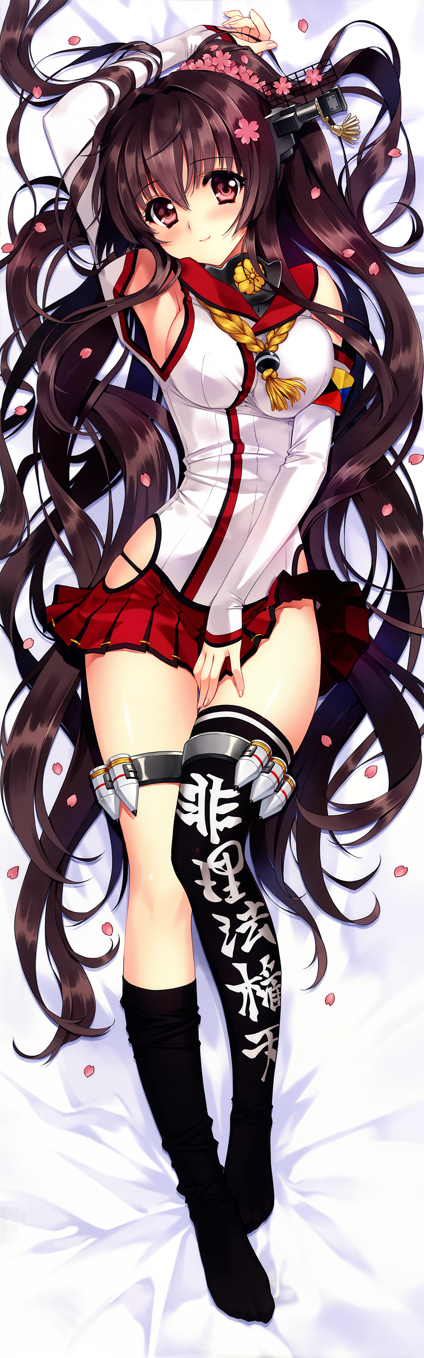 absurdres arm_up armpits black_legwear breasts brown_hair bullet carnelian cherry_blossoms dakimakura detached_sleeves highres huge_filesize kantai_collection large_breasts legs long_hair lying miniskirt pink_eyes ponytail single_thighhigh skirt smile solo thighhighs very_long_hair yamato_(kantai_collection)