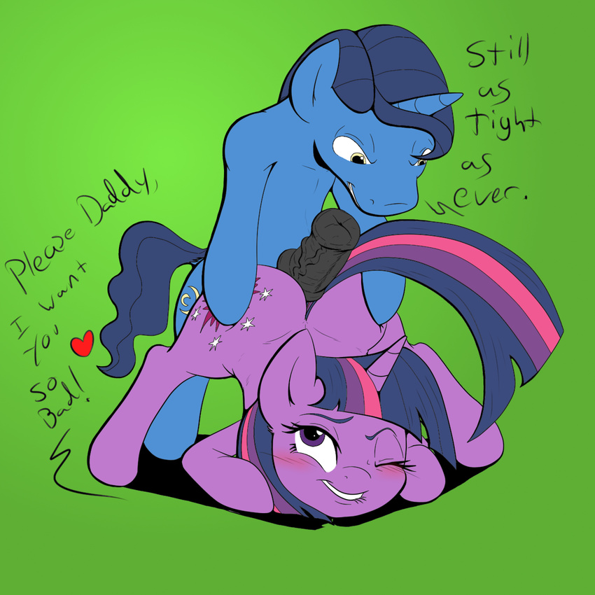 2015 animal_genitalia biting_lip blush colored crescent_(mlp) cutie_mark daughter dialogue duo english_text equine father father_and_daughter female friendship_is_magic green_background hair horn horsecock incest male male/female mammal my_little_pony one_eye_closed parent penis plain_background poprocks purple_eyes text twilight_sparkle_(mlp) unicorn vein