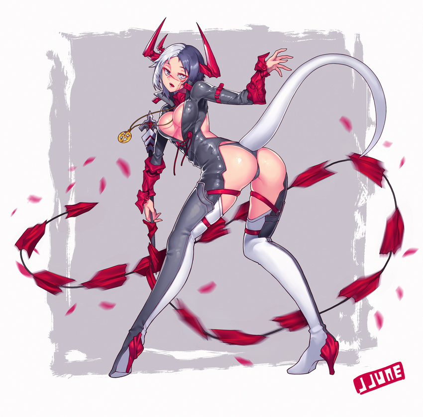 ass black_hair black_legwear black_panties bodysuit boots breasts demon_girl demon_horns demon_tail grey_eyes highres horns jewelry jjune large_breasts multicolored_hair necklace original panties pendant silver_hair solo tail thigh_boots thighhighs two-tone_hair underwear whip_sword