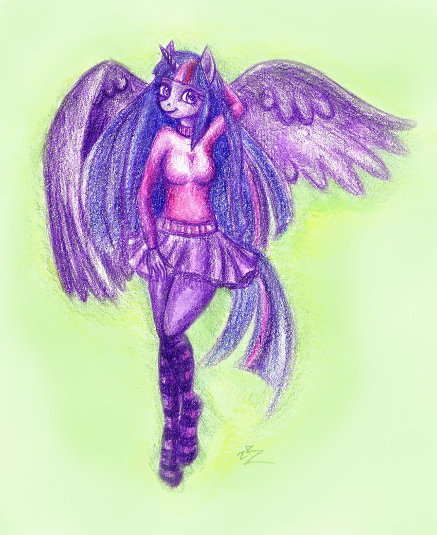 2015 anthro breasts clothing equine female friendship_is_magic fur hair horn mammal multicolored_hair my_little_pony plain_background purple_eyes purple_fur purple_hair socks traditional_media_(artwork) twilight_sparkle_(mlp) winged_unicorn wings zarielharoitite