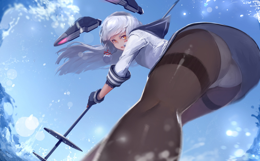 angry ass bent_over blue_sky brown_eyes cloud day fingerless_gloves from_below gloves highres kantai_collection kneepits long_hair looking_at_viewer looking_back md5_mismatch murakumo_(kantai_collection) outdoors panties panties_under_pantyhose pantyhose polearm silver_hair sky sola7764 solo splashing thighband_pantyhose underwear upskirt water weapon white_panties