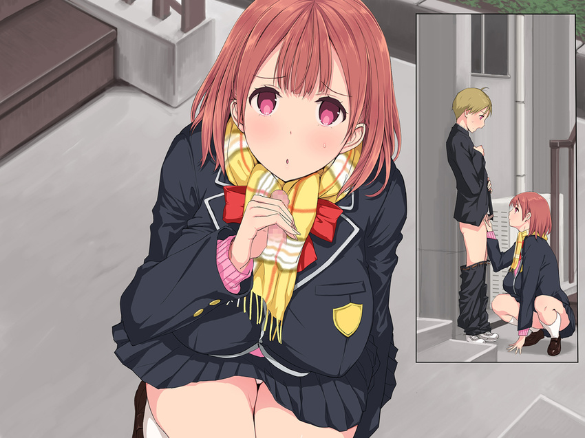 1boy 1girl blonde_hair blush bow bowtie breasts brown_hair censored dmm handjob highres huge_breasts legs little_penis looking_at_viewer looking_down looking_up mosaic_censoring pants_down penis pink_eyes scarf school_uniform shoes short_hair skirt small_penis socks someoka_yusuka squatting standing thighs