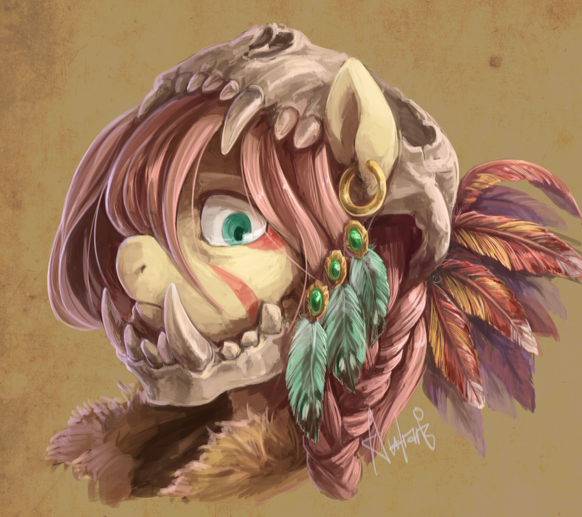 2015 audrarius blue_eyes equine face_paint fangs feather female fluttershy_(mlp) friendship_is_magic gold hair looking_at_viewer mammal my_little_pony piercing pink_hair portrait sharp_teeth skill solo teeth