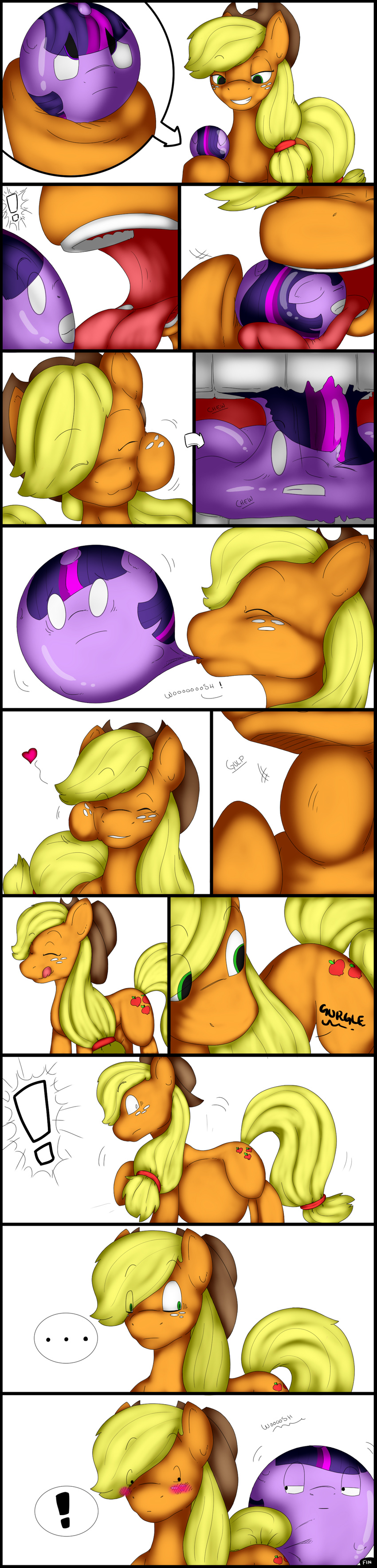 ! &lt;3 ... 2015 absurd_res applejack_(mlp) blonde_hair blush bubble_gum chewing cutie_mark duo earth_pony equine eyes_closed female feral freckles friendship_is_magic green_eyes hair half-closed_eyes hat heartman98 hi_res holding horse licking licking_lips long_hair mammal my_little_pony open_mouth pony swallowing teeth tongue tongue_out twilight_sparkle_(mlp) vore