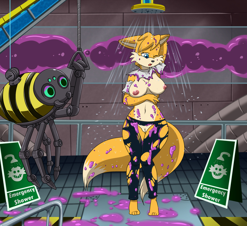 2015 anthro areola big_breasts blue_eyes breasts canine chemical_plant chest_tuft clothed clothing crossgender duo erect_nipples female fox fur grabber hair half-dressed lonbluewolf machine mammal mechanical miles_prower nipples one_eye_closed open_mouth pussy robot sega shower sonic_(series) standing text torn_clothing tuft video_games wardrobe_malfunction water wet white_fur yellow_fur