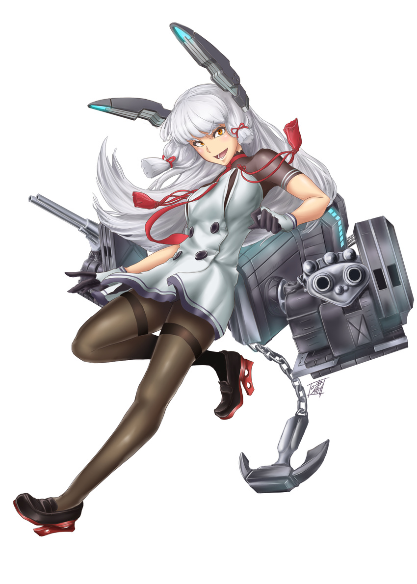 :d absurdres aiming_at_viewer anchor aqua_hair bangs black_legwear blunt_bangs brown_eyes clenched_hand full_body gloves headgear highres kantai_collection leg_up loafers long_hair looking_at_viewer machinery murakumo_(kantai_collection) necktie open_mouth pantyhose remodel_(kantai_collection) shao_(newton) shoes sidelocks simple_background smile solo thighband_pantyhose v-shaped_eyebrows white_background