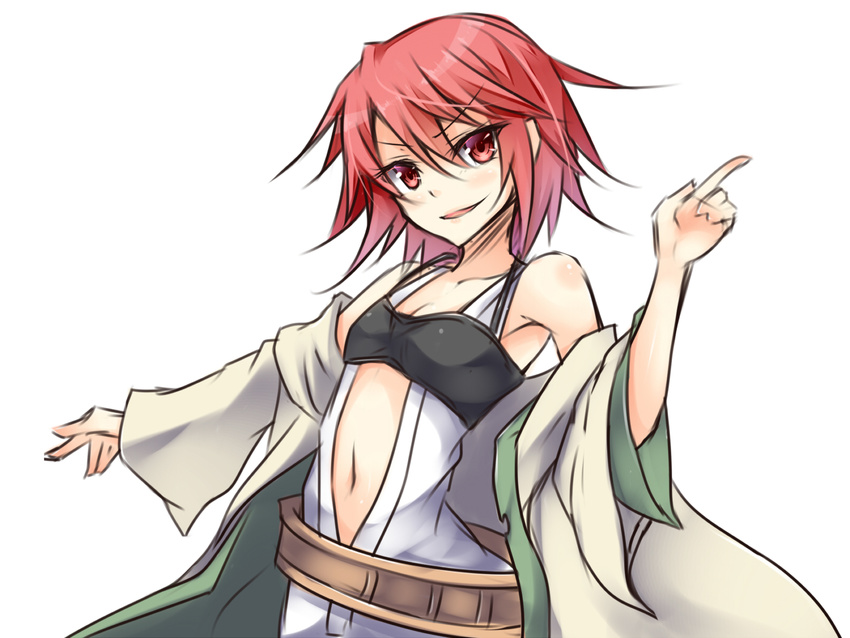 armpits bare_shoulders breasts cleavage detached_sleeves duel_monster hiita looking_at_viewer midriff navel red_eyes red_hair shintani_tsushiya short_hair simple_background small_breasts smile yuu-gi-ou
