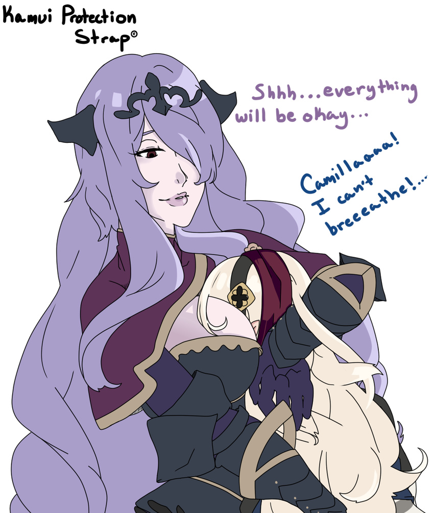 2girls breast_smother breasts camilla_(fire_emblem) camilla_(fire_emblem_if) fire_emblem fire_emblem_if height_difference hug large_breasts multiple_girls my_unit_(fire_emblem_if) purple_hair white_hair
