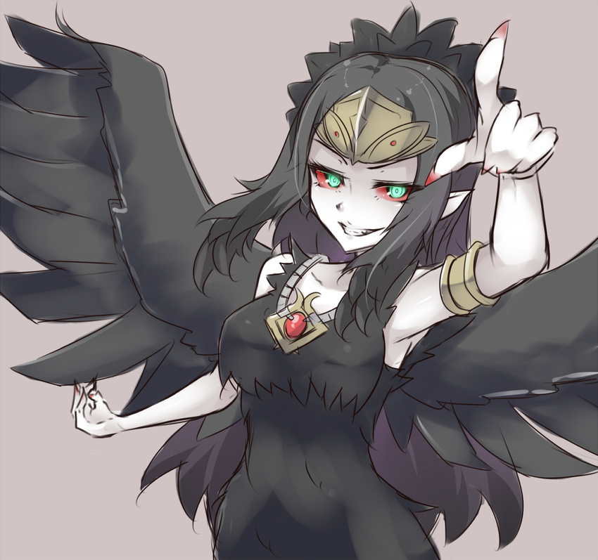 armlet armpits black_hair black_wings breasts duel_monster fabled_grimro feathers fingernails green_eyes hair_ornament highres jewelry medium_breasts multicolored multicolored_eyes pointing pointing_at_viewer pointy_ears red_sclera sharp_fingernails shintani_tsushiya smile solo white_skin wings yuu-gi-ou