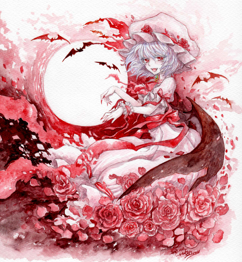 ascot bat bat_wings blue_hair brooch fangs fingernails flower full_moon gradient gradient_background graphite_(medium) hat hat_ribbon highres jewelry looking_at_viewer mob_cap moon nail_polish open_mouth petals puffy_short_sleeves puffy_sleeves red_eyes red_flower red_rose remilia_scarlet ribbon rose sakurai_haruto sash sharp_fingernails short_hair short_sleeves sitting skirt skirt_set slit_pupils solo texture touhou traditional_media watercolor_(medium) wings wrist_cuffs