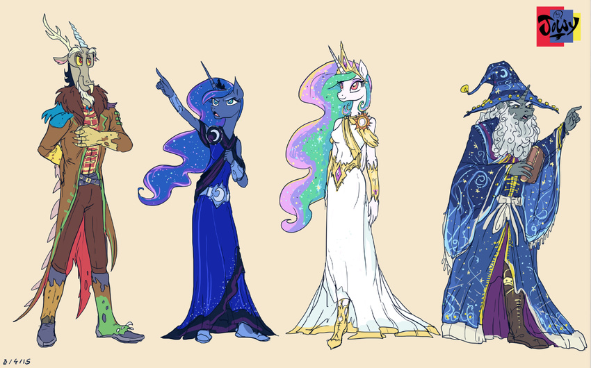 2015 anthro anthrofied beard bell blue_hair bracelet cloak clothing crown discord_(mlp) draconequus dress equine facial_hair fangs female friendship_is_magic gold grey_hair group hair hat horn jewelry jowybean male mammal multicolored_hair my_little_pony necklace princess_celestia_(mlp) princess_luna_(mlp) red_eyes sparkles starswirl_the_bearded_(mlp) unicorn winged_unicorn wings wizard_hat
