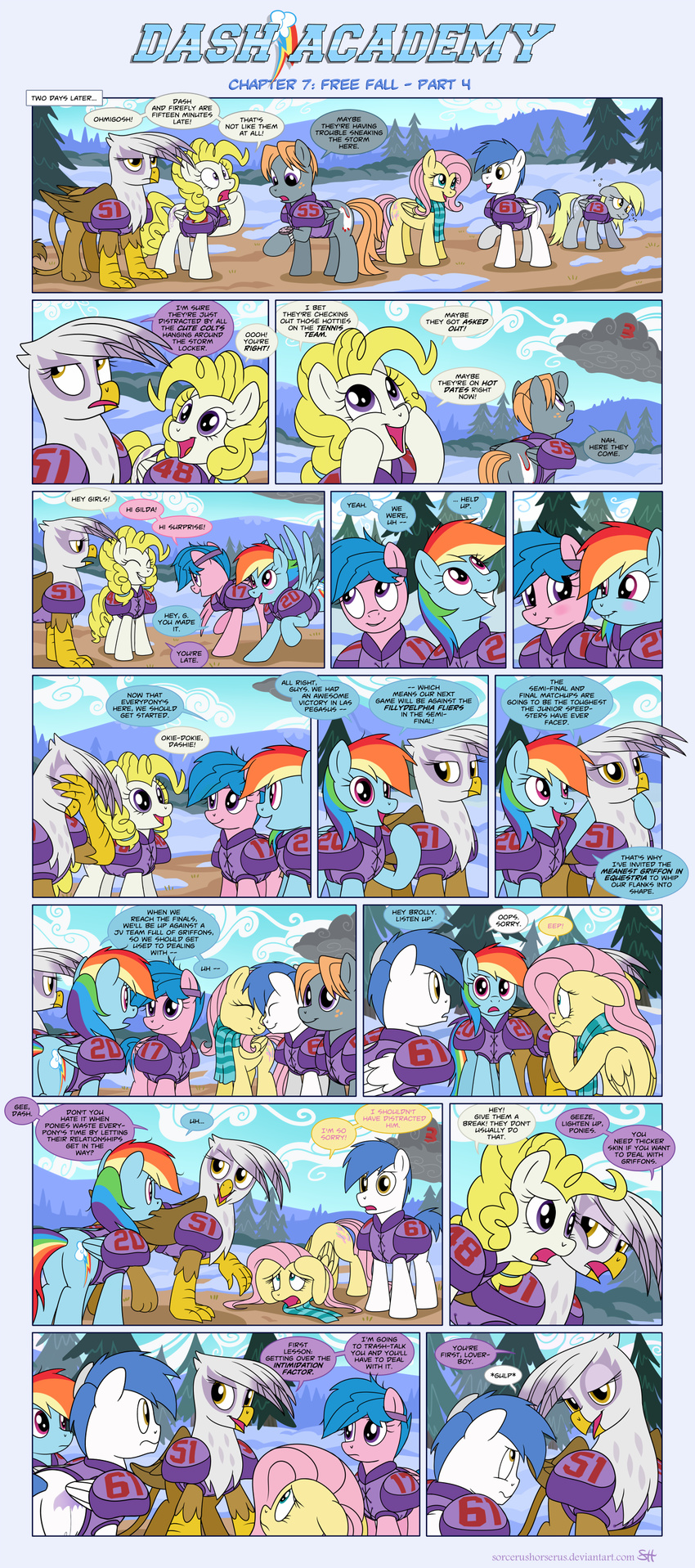 2015 armor avian blonde_hair clothing comic derp_eyes derpy_hooves_(mlp) equine fan_character female firefly_(mlp) fluttershy_(mlp) friendship_is_magic gilda_(mlp) group gryphon hair male mammal multicolored_hair my_little_pony pegasus rainbow_dash_(mlp) rainbow_hair scarf sick sorcerushorserus surprise_(mlp) watch wings wristwatch