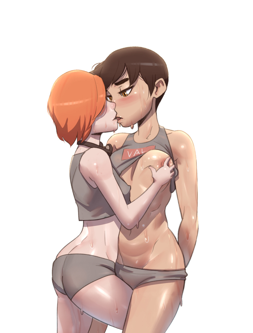 arms_behind_back ass black_hair blush borrowed_character breast_grab breast_slip breasts brown_eyes covered_nipples goggles goggles_around_neck grabbing height_difference highres john_doe kiss leg_between_thighs medium_breasts multiple_girls nipples one_breast_out orange_hair original parted_lips short_hair short_shorts shorts sports_bra sweat tan tomboy yuri