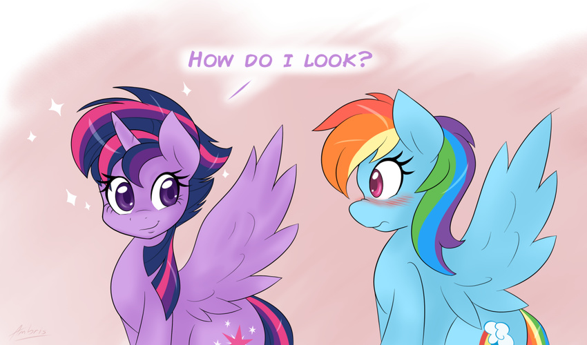 2015 alternate_hairstyle ambris blue_fur blush cutie_mark dialogue duo english_text equine female feral friendship_is_magic fur hair horn mammal multicolored_hair my_little_pony pegasus pink_eyes purple_eyes purple_fur purple_hair rainbow_dash_(mlp) rainbow_hair smile text twilight_sparkle_(mlp) wing_boner winged_unicorn wings