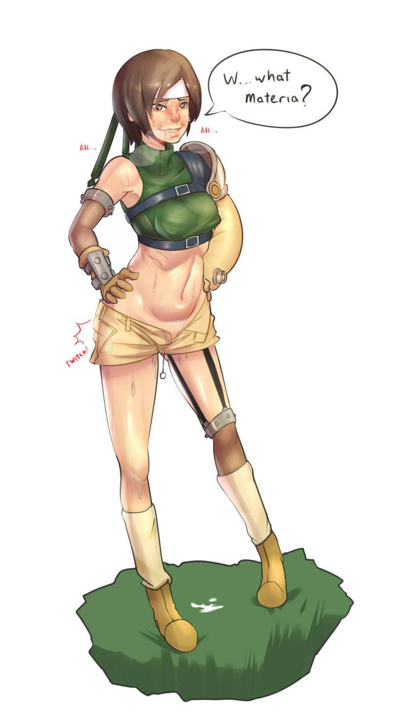 1girl ankle_boots blush boots breasts brown_hair crop_top english erect_nipples final_fantasy final_fantasy_vii full_body garter_straps hands_on_hips headband heart heart-shaped_pupils highres john_doe leg_warmers lips midriff mismatched_gloves navel nose open_fly pussy_juice pussy_juice_puddle remote_control_vibrator sheer_legwear short_hair short_shorts shorts shoulder_pads single_thighhigh sleeveless sleeveless_turtleneck solo speech_bubble sweat symbol-shaped_pupils thighhighs turtleneck unzipped vibrator yuffie_kisaragi
