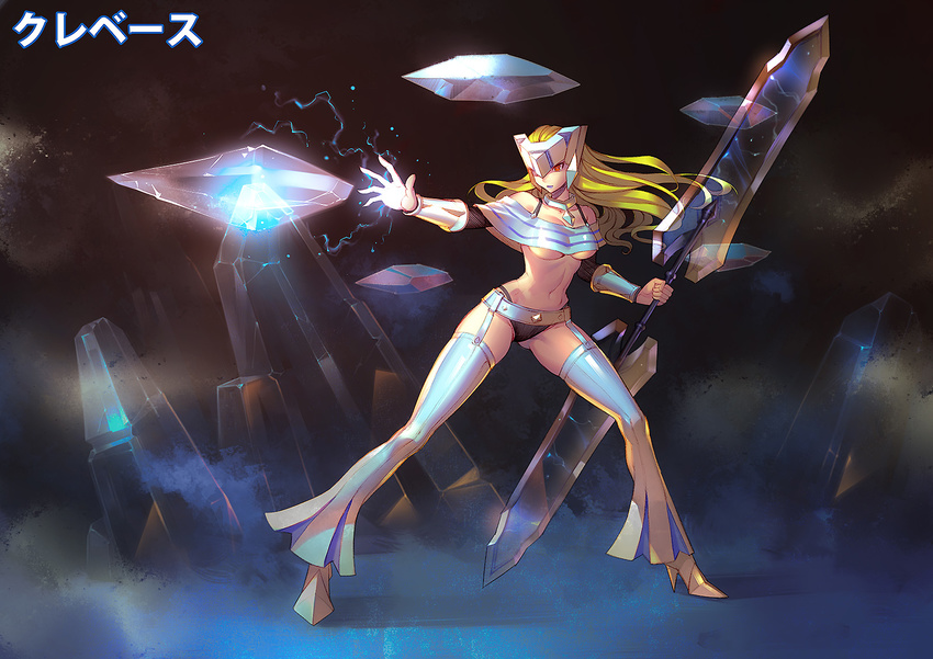 avalugg black_panties blonde_hair breasts character_name crystal_sword double-blade fighting_stance full_body garter_straps gen_6_pokemon helmet high_heels highres long_hair medium_breasts midriff navel outstretched_arm panties personification pokemon red_eyes ryushin solo sword thighhighs translated underboob underwear weapon wind