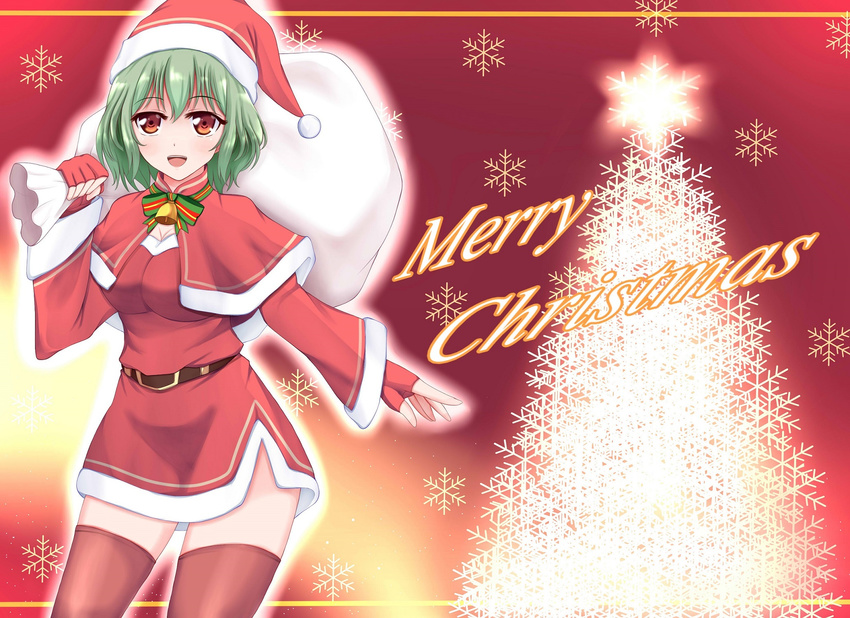 :d bad_id bad_pixiv_id blush breasts capelet cleavage dress fur_trim hat highres kazami_yuuka medium_breasts merry_christmas open_mouth red_capelet red_eyes red_legwear sack santa_costume santa_hat short_dress short_hair smile snowflakes solo thighhighs touhou wendell