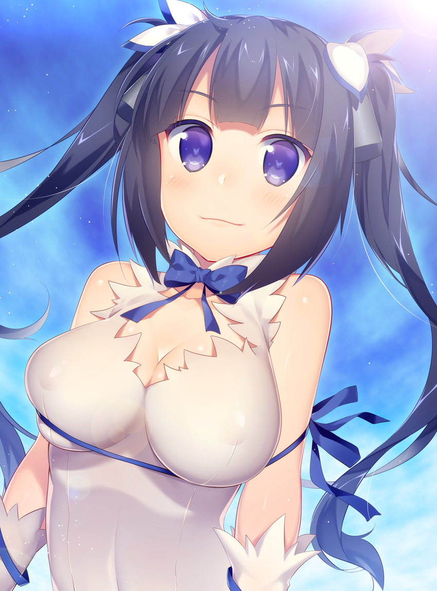 absurdres bare_shoulders black_hair blue_eyes blue_ribbon breast_squeeze breasts cleavage cleavage_cutout covered_nipples dress dungeon_ni_deai_wo_motomeru_no_wa_machigatteiru_darou_ka gloves hair_ornament hestia_(danmachi) highres large_breasts long_hair looking_at_viewer niwashi_(yuyu) rei_no_himo ribbon sleeveless sleeveless_dress solo twintails very_long_hair white_dress white_gloves