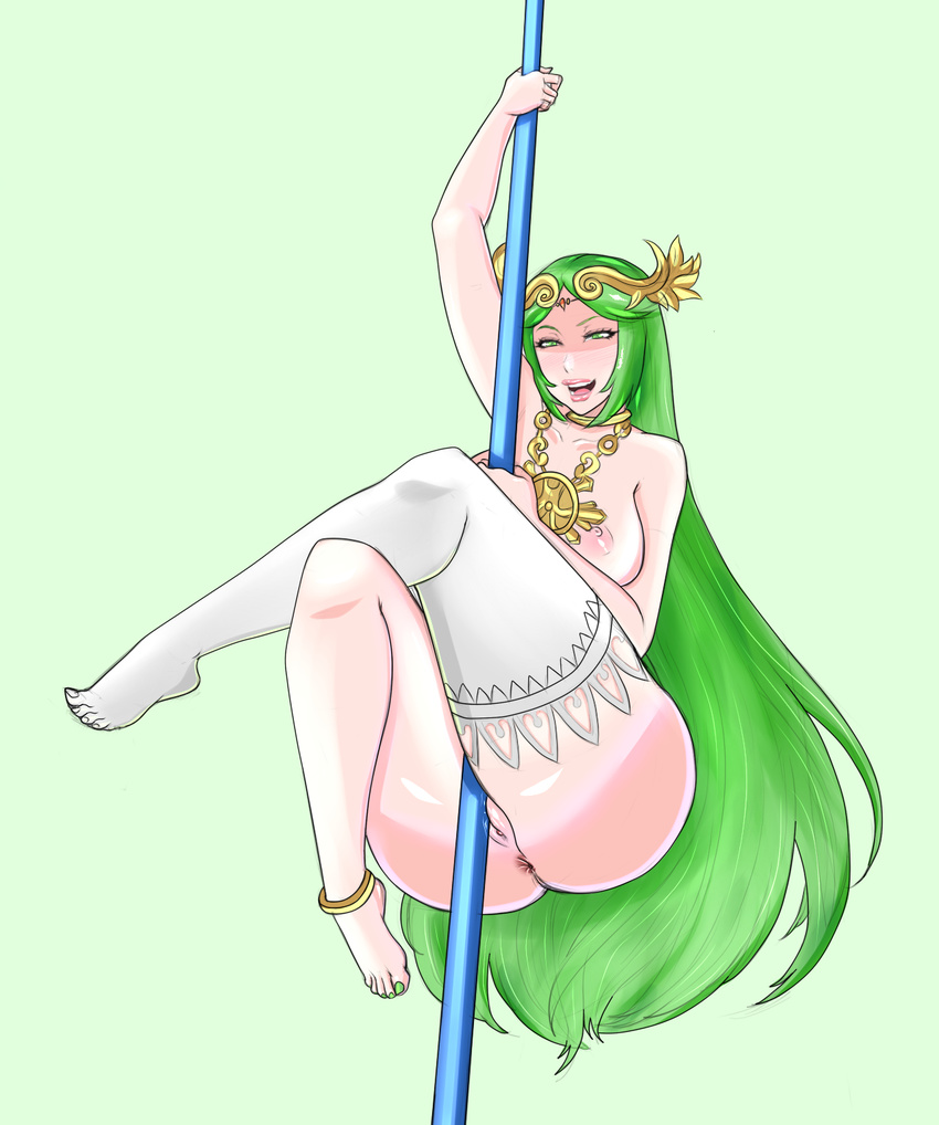 1girl anus blush breasts crotch_rub green_eyes green_hair jewelry kid_icarus legoman legs lm_(legoman) long_legs nail_polish naughty_face nintendo nipples palutena pole pole_dancing pussy pussy_juice simple_background single_thighhigh smile solo thick_thighs thighs uncensored very_long_hair