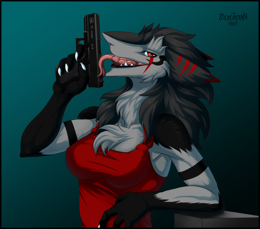 19 breasts clothing female glok gun licking ranged_weapon sergal shirt silvergrin solo tongue tongue_out weapon