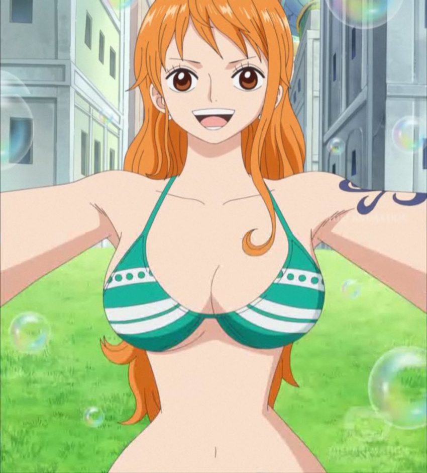 1girl breasts brown_eyes bubbles earrings jewelry large_breasts midriff nami nami_(one_piece) one_piece orange_hair screencap slender_waist stitched tattoo