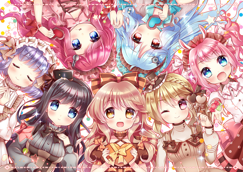 :&gt; :d ;) ahoge black_hair blonde_hair blue_eyes blue_hair blush bow bowtie box braid brown_hair bunny_headphones candy character_request chocolate chocolate_heart closed_eyes collarbone fangs food gift gift_box hair_bow hair_ornament hairband hands_together hat headphones heart hinabita holding izumi_ibuki lolita_hairband long_hair long_sleeves looking_at_viewer meu_meu mini_hat mini_top_hat multiple_girls natsume_asato one_eye_closed open_mouth outstretched_arm pink_hair polka_dot polka_dot_bow puffy_sleeves purple_hair red_eyes ribbon shinonome_kokona shinonome_natsuhi short_hair short_sleeves siblings sisters smile sparkle star striped striped_bow symbol-shaped_pupils top_hat twins two_side_up wrist_ribbon yellow_eyes