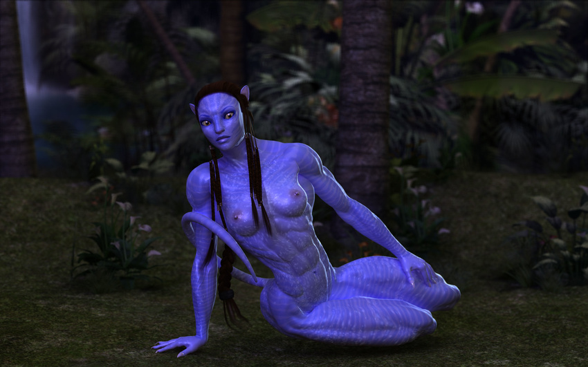 blue_skin breasts female james_cameron's_avatar muscles muscular_female na'vi neytiri nipples nude solo tigersan yellow_eyes