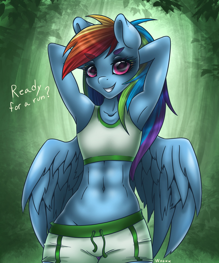 2015 absurd_res anthro anthrofied armpits arms_behind_head blue_fur clothing equine female friendship_is_magic fur hair hi_res mammal midriff multicolored_hair my_little_pony navel pegasus pink_eyes rainbow_dash_(mlp) rainbow_hair shirt smile solo tank_top wings wooxx