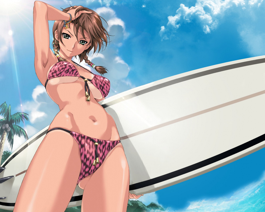 1girl armpits bikini braid brown_hair cloud clouds game_cg happoubi_jin highres kuouzumiaiginsusutakeizumonokamimeichoujin_mika pigtails resort_boin short_twintails sky solo surfboard swimsuit tan twin_braids twintails