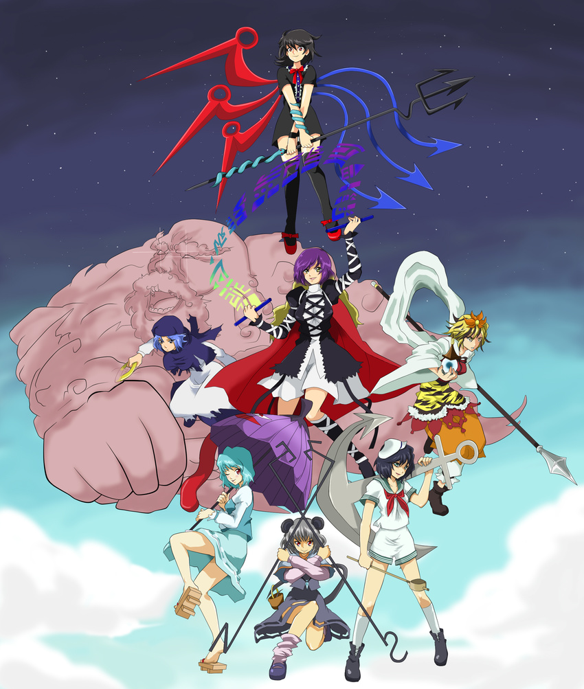 absurdres anchor animal_ears bishamonten's_pagoda bishamonten's_spear black_hair blonde_hair blue_hair dress everyone gamushiro gem hair_ornament highres hijiri_byakuren hood houjuu_nue jewelry karakasa_obake kumoi_ichirin mouse mouse_ears mouse_tail multicolored_hair multiple_girls murasa_minamitsu nazrin polearm purple_hair red_eyes ring sailor shorts silver_hair snake sorcerer's_sutra_scroll spear tail tatara_kogasa tongue toramaru_shou touhou umbrella undefined_fantastic_object unzan weapon yellow_eyes