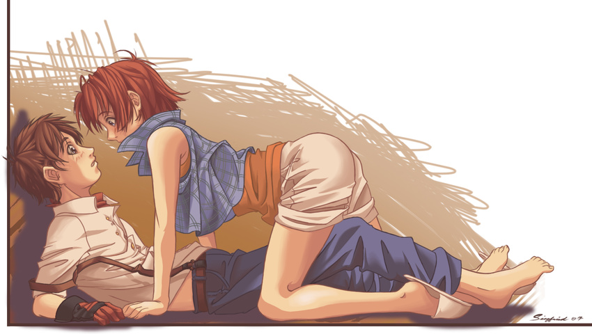1girl all_fours bad_deviantart_id bad_id blue_eyes blush eye_contact girl_on_top harvest_moon highres looking_at_another mark_(harvest_moon) masamune-date nami_(harvest_moon) red_hair shorts slippers vest