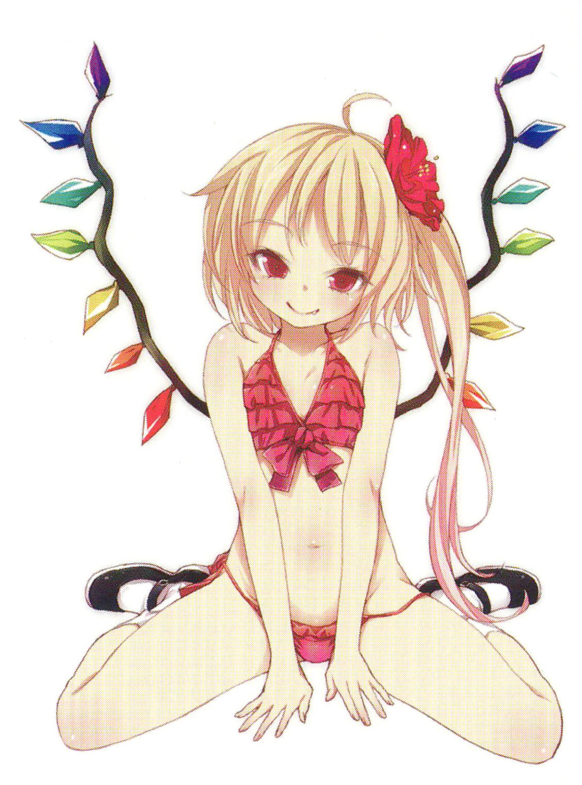 bikini buriki flandre_scarlet flat_chest frilled_bikini frills front-tie_top highres naughty_face red_bikini scan side-tie_bikini simple_background solo spread_legs swimsuit touhou