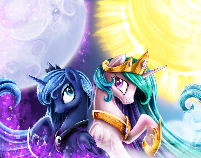 2015 blue_eyes blue_hair crown duo equine eyeshadow female friendship_is_magic gold hair horn jadedjynx makeup mammal moon multicolored_hair my_little_pony necklace princess princess_celestia_(mlp) princess_luna_(mlp) purple_eyes royalty sibling sisters sparkles star sun winged_unicorn wings