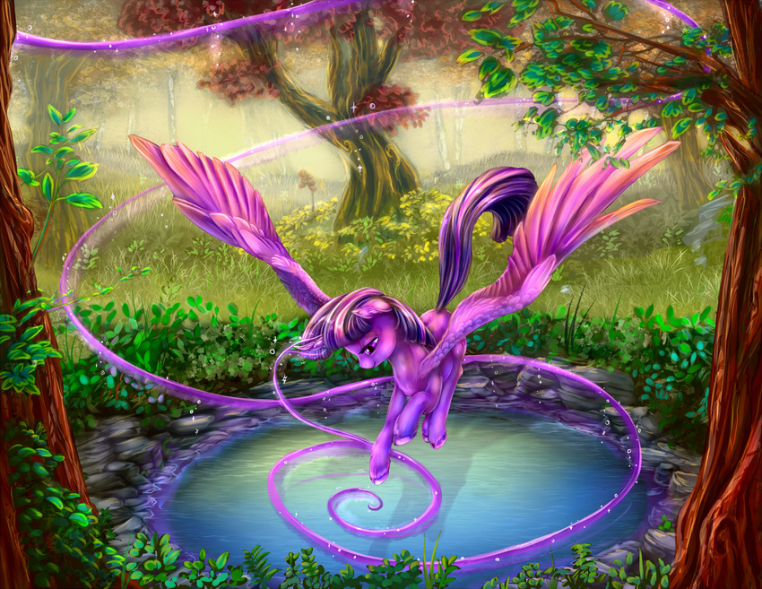 2015 equine female flying foliage forest friendship_is_magic grass hair horn magic mammal my_little_pony outside purple_eyes purple_hair solo tree twilight_sparkle_(mlp) viwrastupr waer winged_unicorn wings