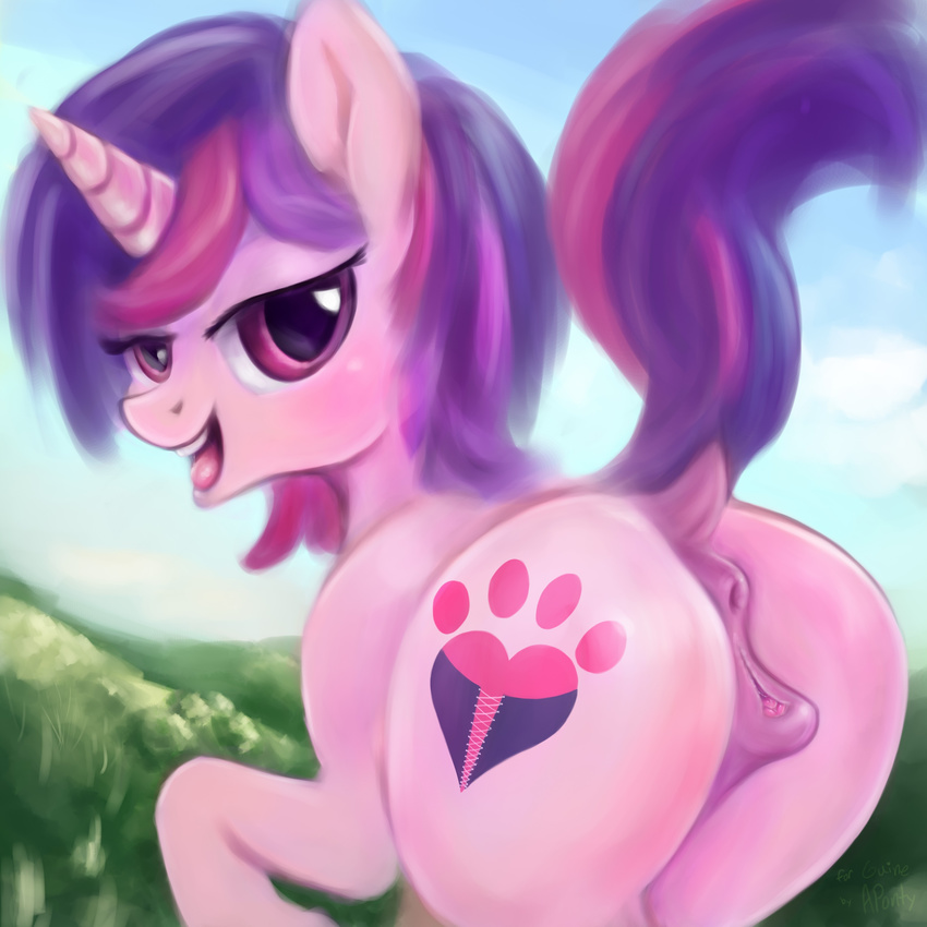 2015 absurd_res animal_genitalia anus aponty butt cutie_mark digital_painting_(artwork) dock equine equine_pussy fan_character female feral hair hi_res horn looking_at_viewer mammal my_little_pony open_mouth outside purple_eyes pussy raised_tail solo two_tone_hair unicorn