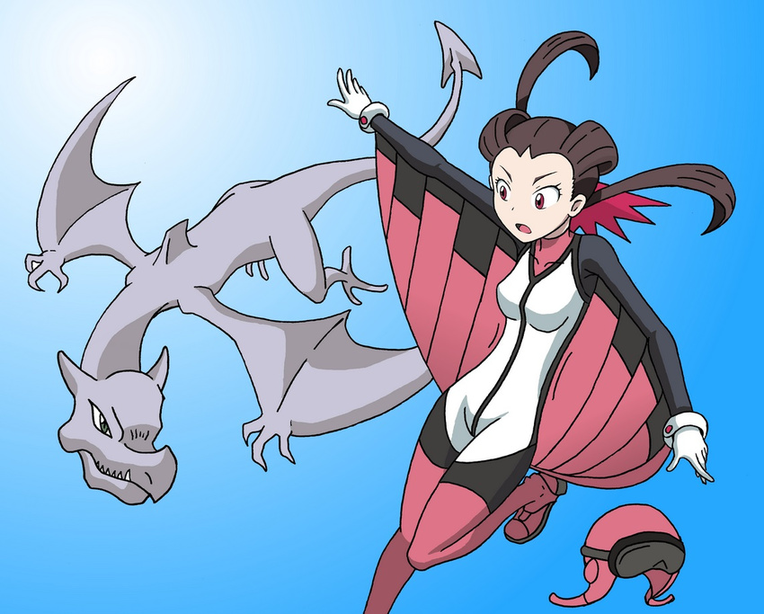 aerodactyl alternate_costume bakanichi brown_hair gen_1_pokemon gloves hair_pulled_back headwear_removed helmet helmet_removed pink_footwear pokemon pokemon_(creature) red_eyes shoes sky_trainer_(pokemon) tsutsuji_(pokemon) twintails white_gloves wingsuit