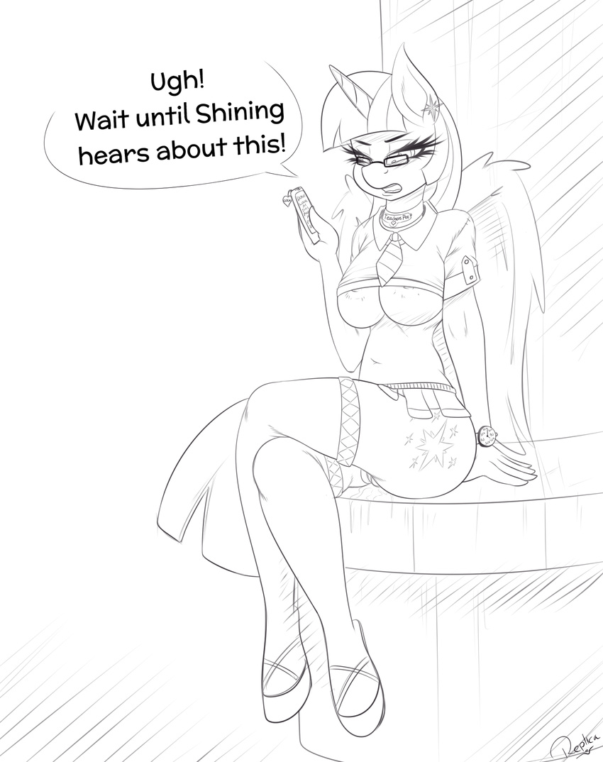 2015 anthro anthrofied black_and_white breasts clothing cutie_mark dialogue ear_piercing english_text equine eyewear female friendship_is_magic glasses hair half-closed_eyes hi_res holding horn legwear mammal monochrome my_little_pony necktie open_mouth piercing pussy pussy_juice replica_(artist) sitting solo text twilight_sparkle_(mlp) watch winged_unicorn wings