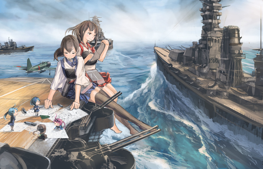 601_air_group_pilot_(kantai_collection) a6m_zero ahoge aircraft aircraft_carrier airplane akagi_(kantai_collection) antiaircraft_weapon barefoot battleship black_hair black_legwear blue_hair blue_sky brown_eyes brown_hair cannon chibi clipboard cloud cloudy_sky cruiser day doraxi fairy_(kantai_collection) fusou_(battleship) giantess hakama_skirt headband highres jacket japanese_clothes kaga_(kantai_collection) kantai_collection long_hair looking_at_another looking_down map marker military military_vehicle miniskirt multiple_girls muneate nagato_(battleship) ocean outdoors paper pencil pink_hair pleated_skirt ponytail ship short_hair side_ponytail sitting skilled_carrier-based_aircraft_maintenance_personnel skirt sky solid_oval_eyes standing thighhighs turret twintails type_0_observation_seaplane vehicle_request warship watercraft