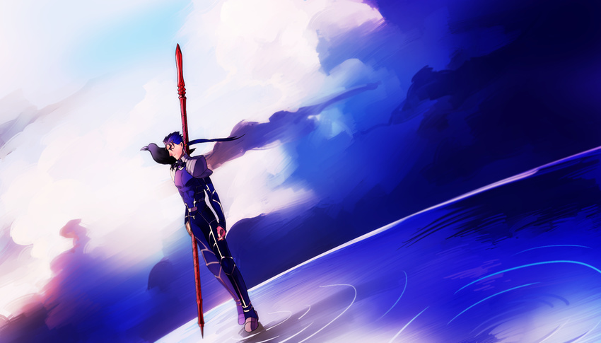 animal animal_on_shoulder bad_id bad_pixiv_id bird bird_on_shoulder blue_hair cloud crow dutch_angle fate/stay_night fate_(series) gae_bolg highres lancer long_hair male_focus naoko_(juvenile) polearm ponytail sky solo spear standing standing_on_liquid weapon