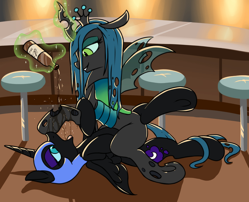2015 alcohol beverage blue_eyes changeling cutie_mark duo equine fearingfun female female/female friendship_is_magic hair half-closed_eyes helmet hi_res hooves horn inside levitation long_hair lying magic mammal my_little_pony nightmare_moon_(mlp) on_back open_mouth pouring sex smile tribadism winged_unicorn wings