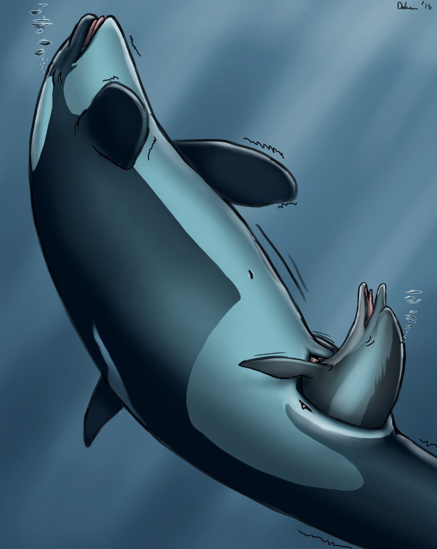 2015 ambiguous_gender bubble cetacean dolorcin dolphin duo eyes_closed female feral larger_female mammal marine monochrome navel open_mouth orca size_difference slit stretching tongue unbirthing underwater vore water whale