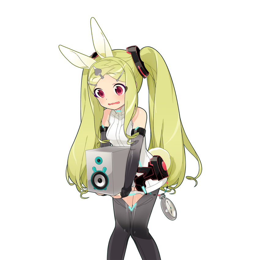 animal_ears artist_request clock cosplay detached_sleeves green_hair hatsune_miku hatsune_miku_(cosplay) highres kokuhime_rabbit-white_(uchi_no_hime-sama_ga_ichiban_kawaii) long_hair open_mouth red_eyes solo transparent_background twintails uchi_no_hime-sama_ga_ichiban_kawaii very_long_hair vocaloid vocaloid_append