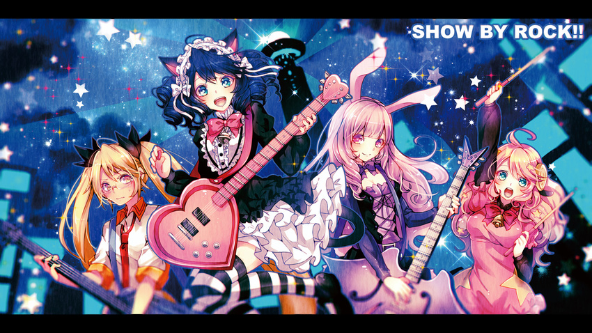 animal_ears bad_id bad_pixiv_id bell bell_collar blonde_hair blue_eyes blue_hair blush bow bunny_ears cat_ears cat_tail chuchu_(show_by_rock!!) collar copyright_name curly_hair cyan_(show_by_rock!!) frilled_skirt frills guitar hair_ornament happy heart_guitar horns instrument letterboxed long_hair moa_(show_by_rock!!) multiple_girls open_mouth pink_bow pink_eyes pink_hair retoree sazanami_shione sheep_ears sheep_horns show_by_rock!! skirt smile strawberry_heart tail thighhighs